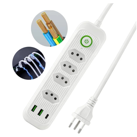 Extensão Elétrica 2m Com 4 Tomadas e 3 Entradas USB com Botão Power Socket