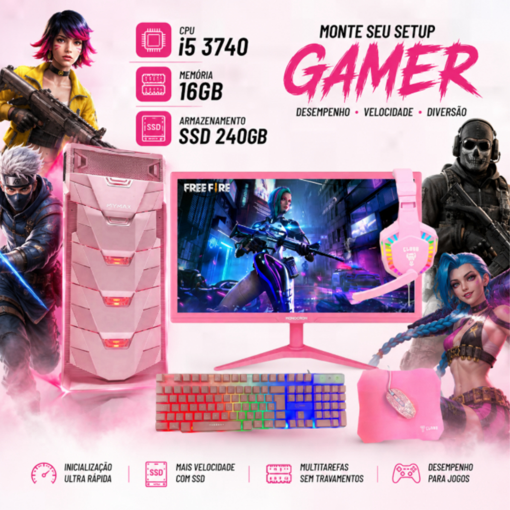 Pc Gamer Completo Barato Rosa i5 3740, 16GB, SSD 240GB, MONITOR 19'', kit de Periféricos Completo