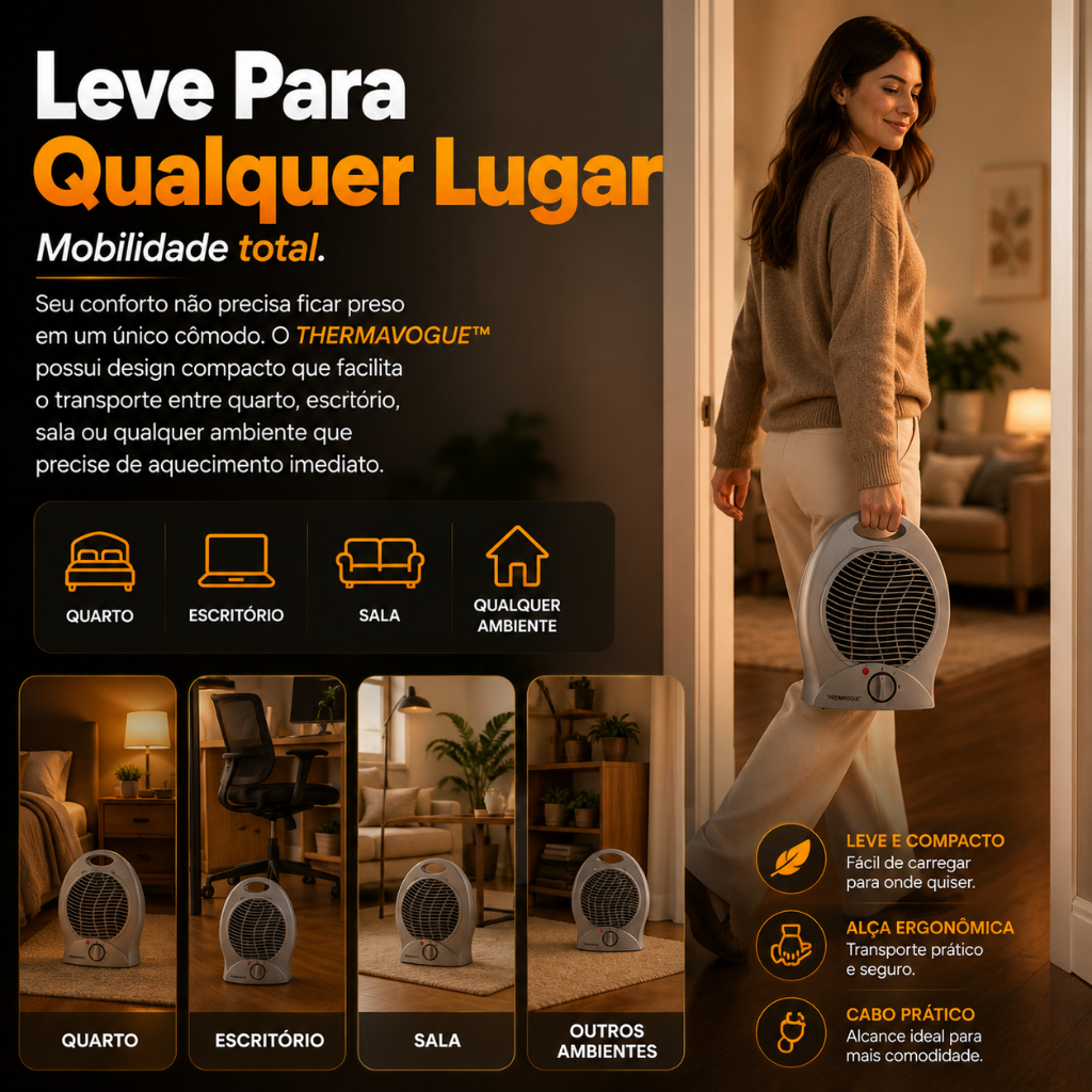 Aquecedor Elétrico Portátil 1000W 127V ThermaVogue Aquecimento Rápido para Quarto Sala e Escritório