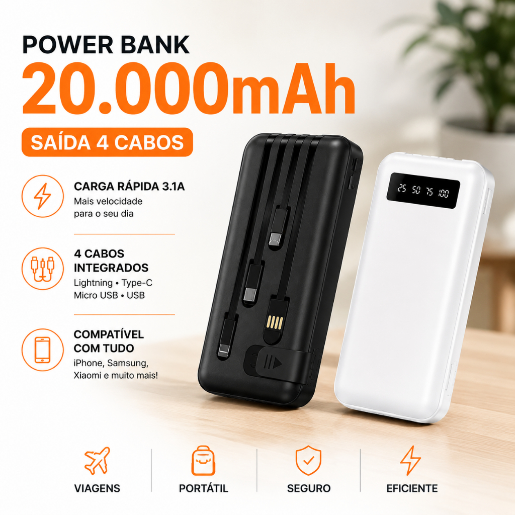 Carregador Power Bank Portátil 20000mah Universal Saida 4 Cabos FLUX