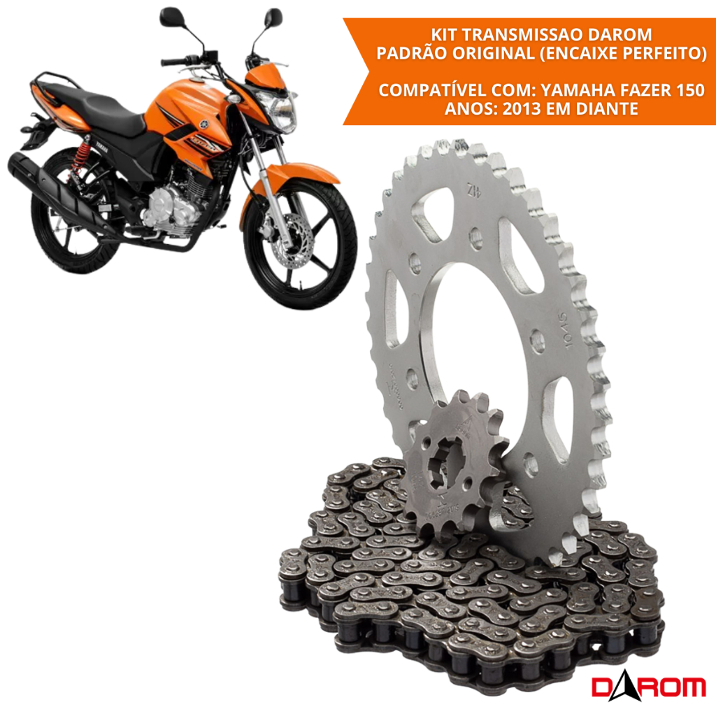 Kit Relação Transmissão Darom Fazer 150 2013 a 2025 Corrente 428HX 126 Elos Coroa 41 Dentes Pinhão 14 Dentes