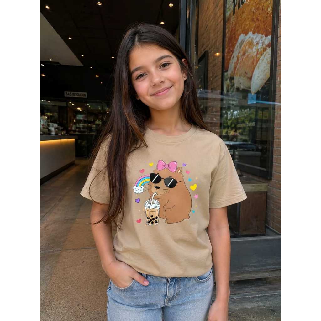 Camiseta Infantil Meninas Estampada Capivara MilkShake Delicada 100% Algodão Premium Casual