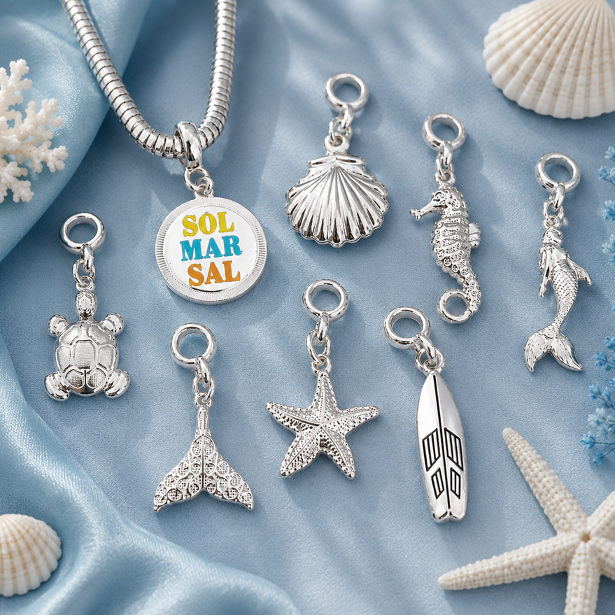 Berloque Praia Concha, Sereia, Estrela do Mar e Flamingo Pingente para Pulseira Charm Feminina