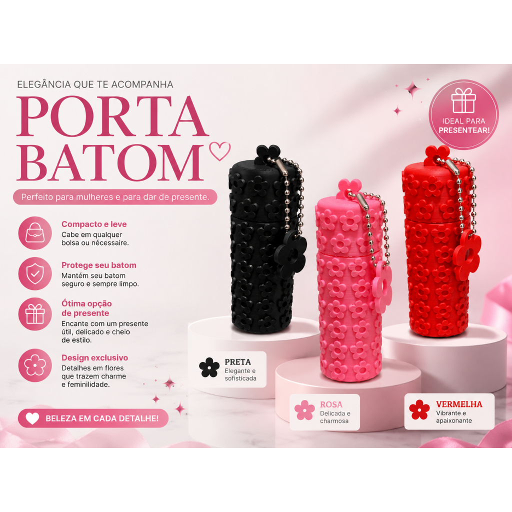 Porta Batom Feminino Floral com Chaveiro Porta Maquiagem Organizador de Bolsa Presente