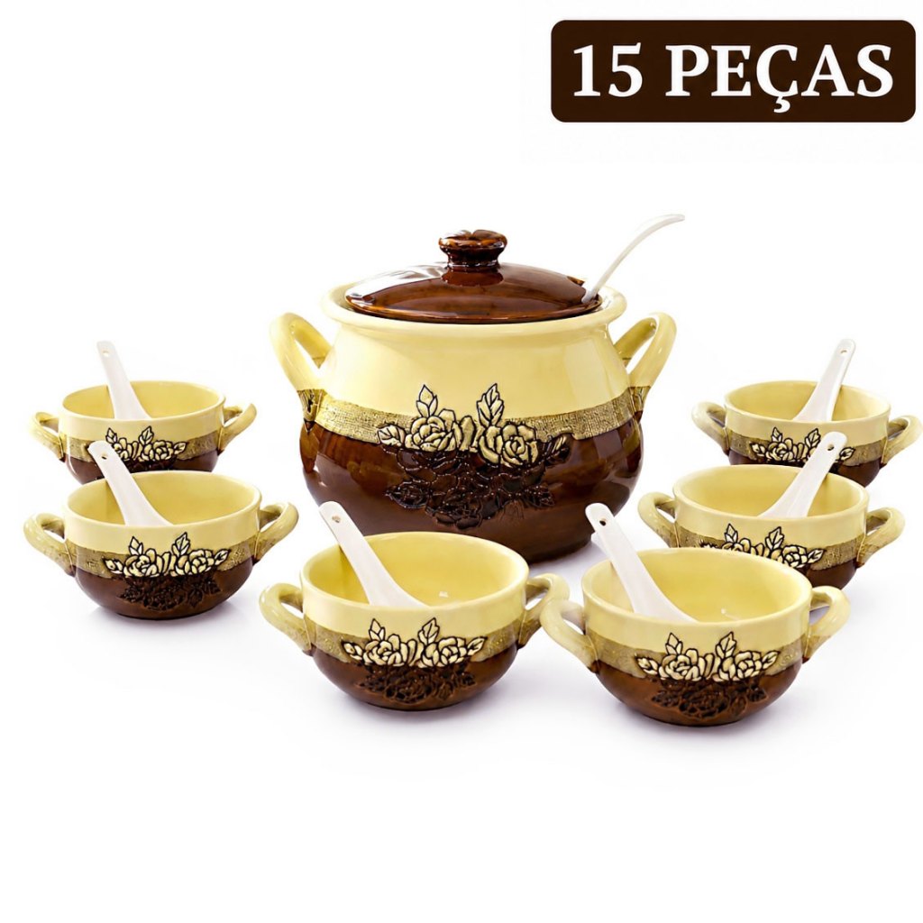 Jogo para Sopa Sopeira em Ceramica Esmaltada Grande Completo 15 Peças – 2 Litros | Estampa Floral - Panela Porcelana
