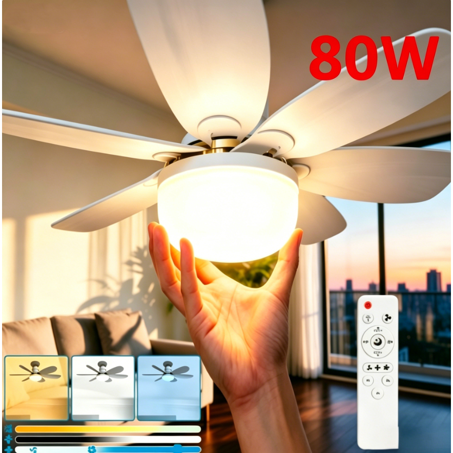 Kit1-4 80W Ventilador de Teto PRO 42cm E27 Controle Remoto Silencioso Luminária 3 Modos Luz Econômico Para Casa