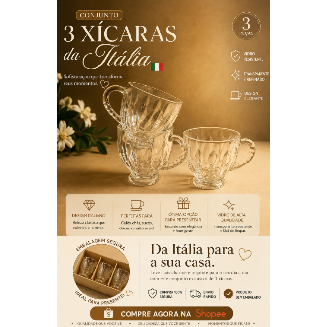 Jogo de Xícaras italia 3 peças ambar em vidro - 180ml