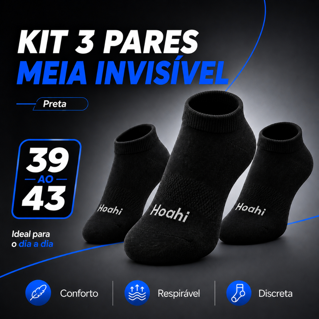 Kit 3 pares Meia Invisivel Hoahi Sapatilha Preta Algodao Cano Curto Unissex Macia Conforto Meia Soquete