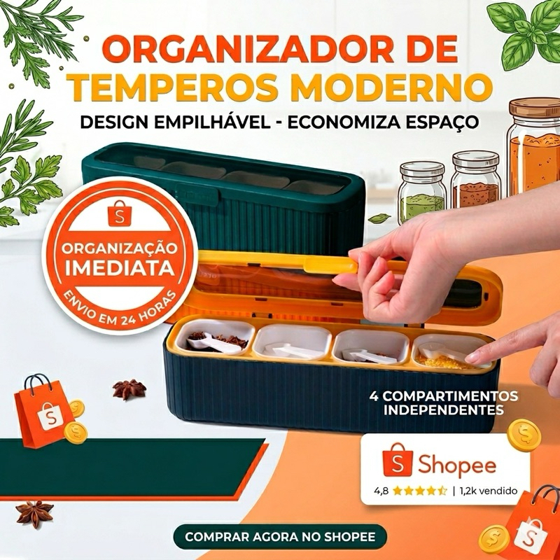 Porta Temperos 4 Divisórias com Colher Medidora Organizador de Cozinha