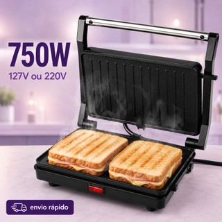 Grill Sanduicheira Elétrico Prensa Dupla Antiaderente 2 em 1 750W 110V ou 220V Led Indicador