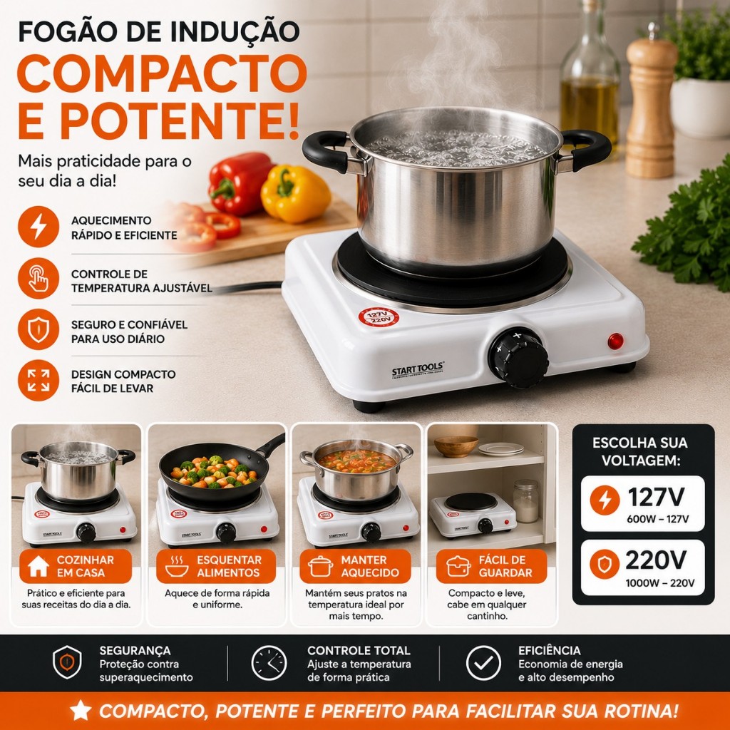 Fogão de Inducao Elétrico Compacto 1 Boca Portátil Cozinha e Camping