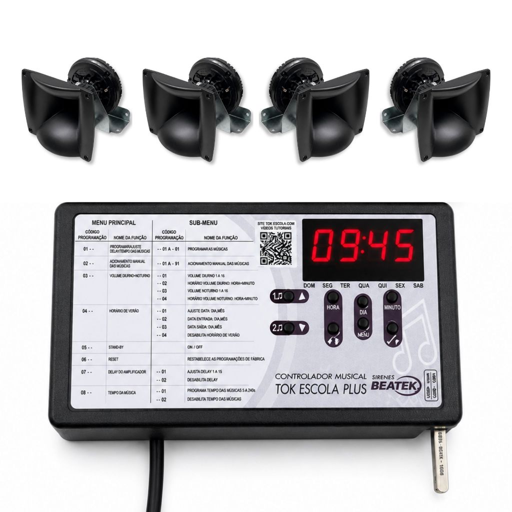 Sirene Musical Escolar Amplificada Eletronica com 4 Cornetas Tok Escola Beatek com Nota Fiscal