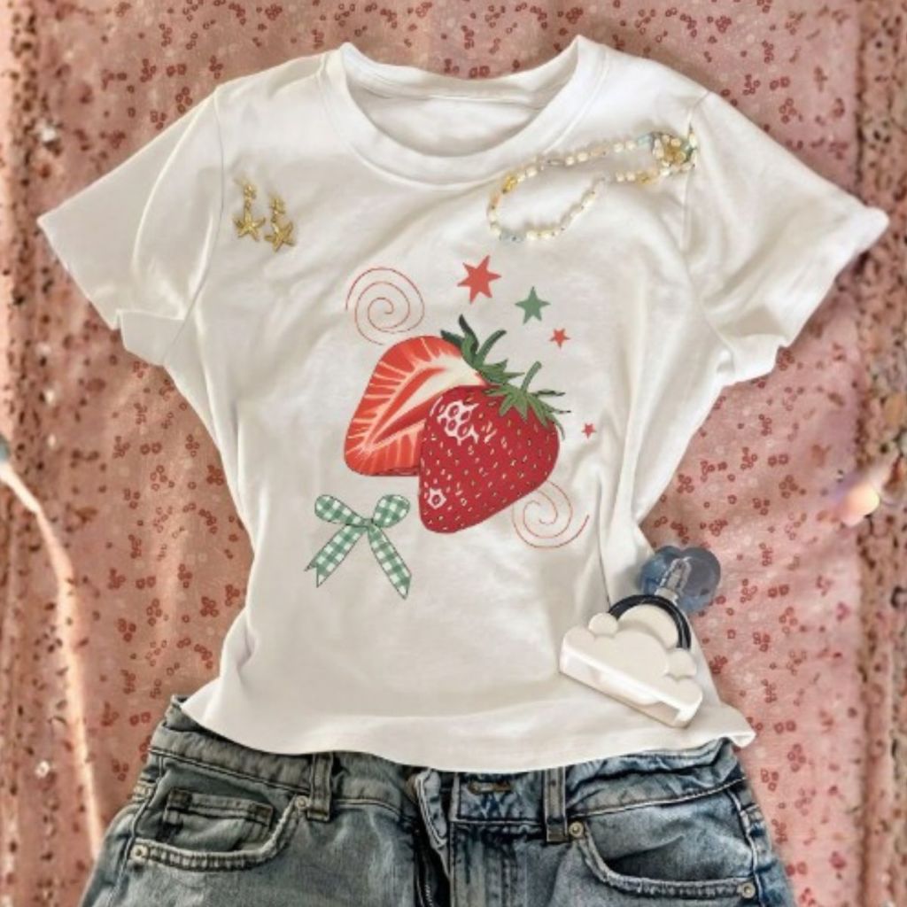 T-shirt Feminina Cropped Casual 100% Algodão Tendência Slim Confortável Estampa De Frutinha