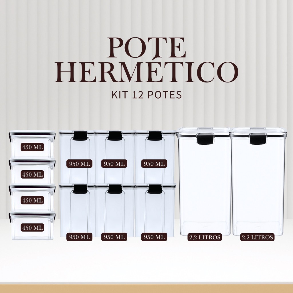 Kit 12 Potes Herméticos Quadrados Empilháveis Organizador Cozinha Mantimentos Grãos Tempero Transparente