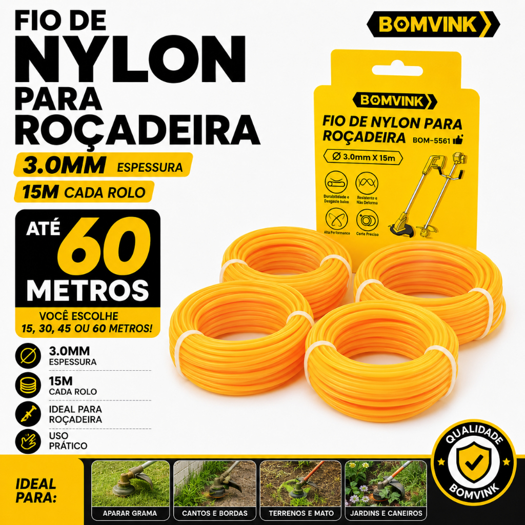 Fio De Nylon Para Roçadeira 3mm Redondo 15 30 45 e 60m Aparador Carretel Cortador de Grama Capim Jardim Refil Resistente
