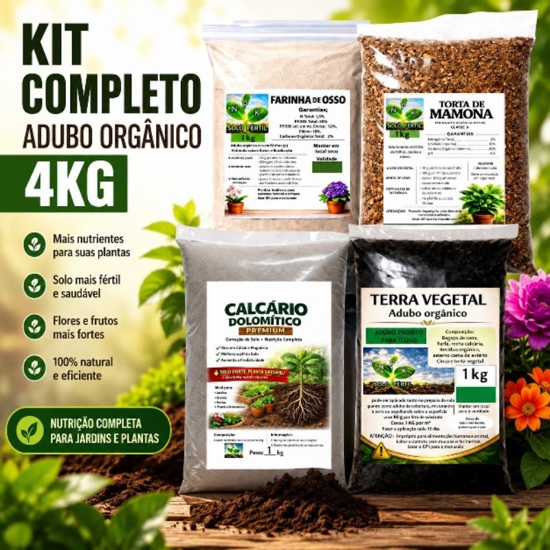 Kit Completo 4kg Adubos Orgânicos Terra Vegetal + Farinha de osso + Torta de Mamona + Calcário