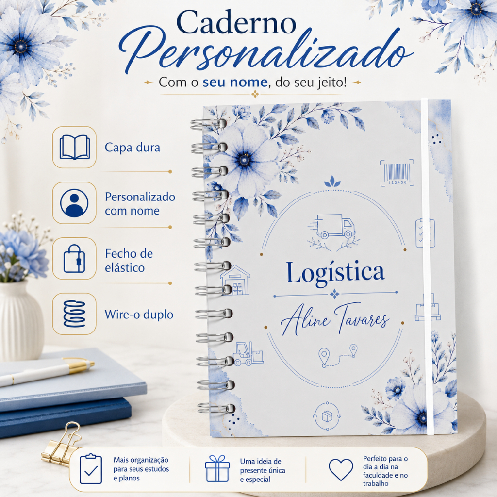 Caderno Personalizado Logística Floral Azul com Nome Capa Dura 22x16cm Premium 120 Folhas