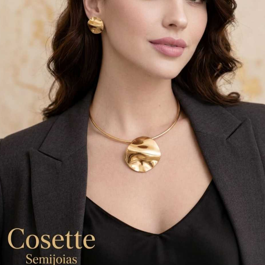 Conjunto Dourado Chocker Aro e Brincos Design Orgânico