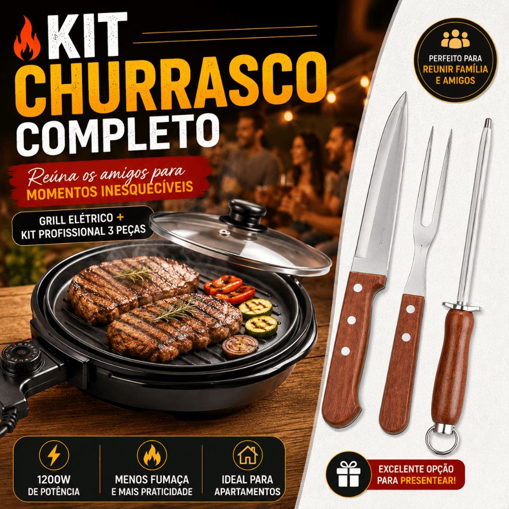 Grill Elétrico 127V Ou 220V Com Tampa Ou Kit Churrasco Completo Grill + Faca Garfo Chaira Inox