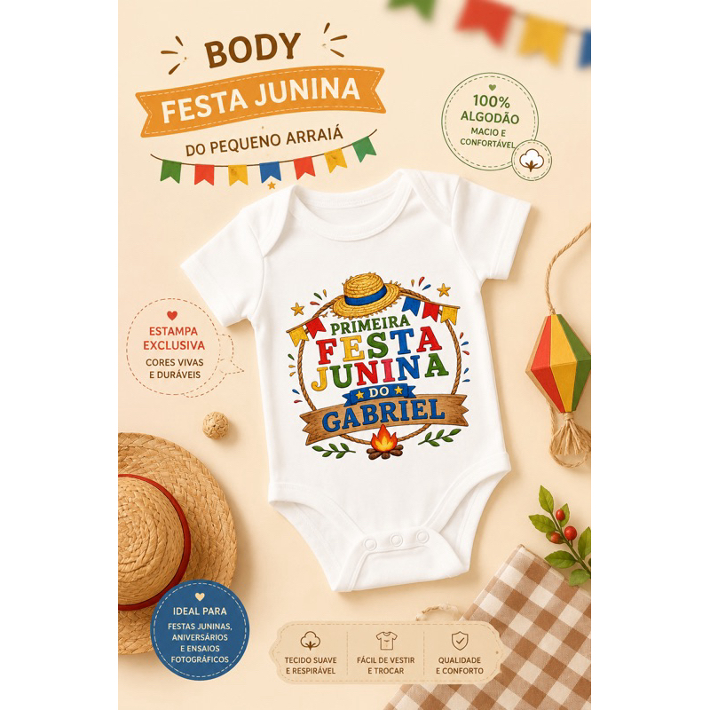 Body Bebê Festa Junina Personalizado com Nome | Roupa Junina Infantil Menino e Menina 100% Algodão