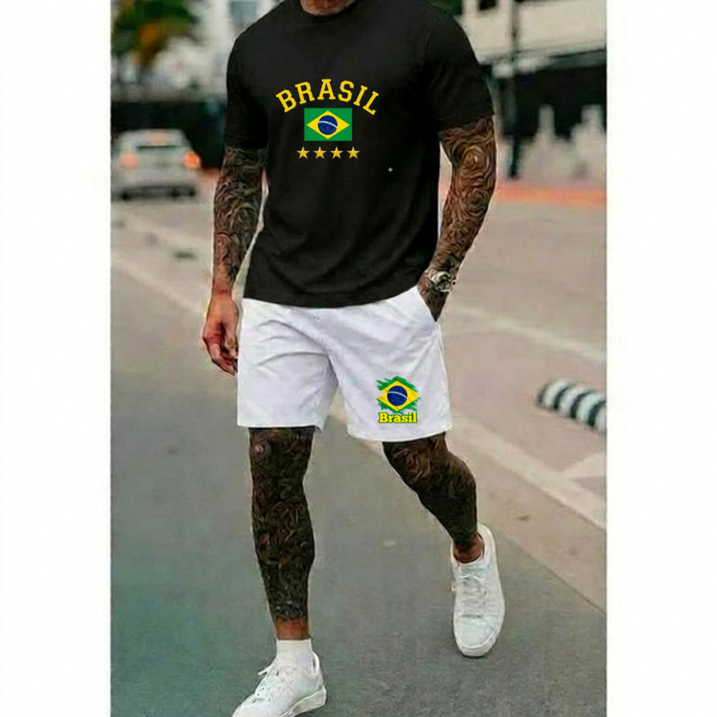 Conjunto Masculino Brasil Copa Camiseta e Bermuda  Para Lazer Academia Atividades Ar Livre 10