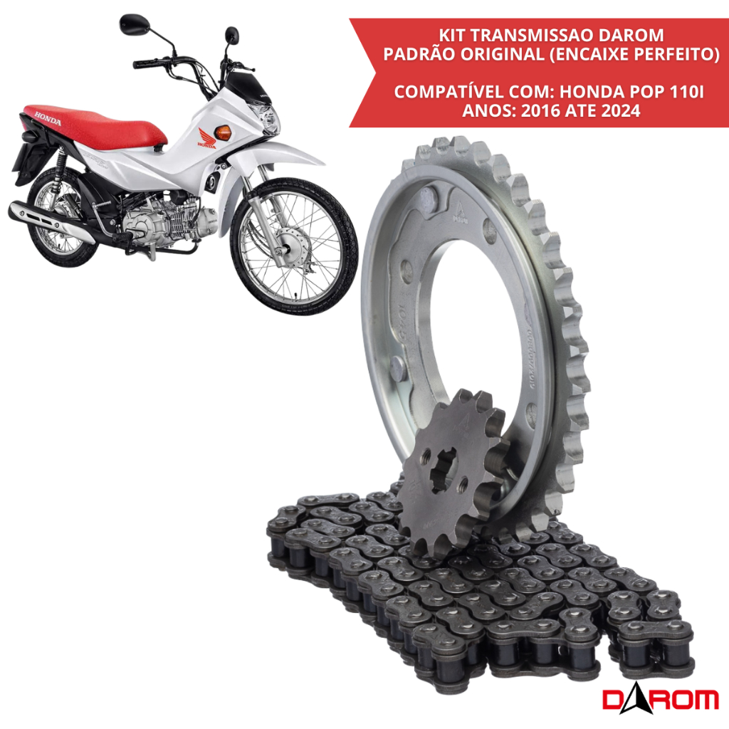 Kit Transmissão Completo Honda Pop 110i 2016 2017 2018 2019 2020 2021 2022 2023 2024 Corrente Coroa Pinhão Relação Darom