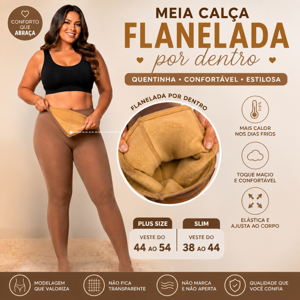 Meia Calça Flanelada Plus Size e Slim com Pezinho do 38 ao 54 Meia-Calça Forrada Para o Inverno