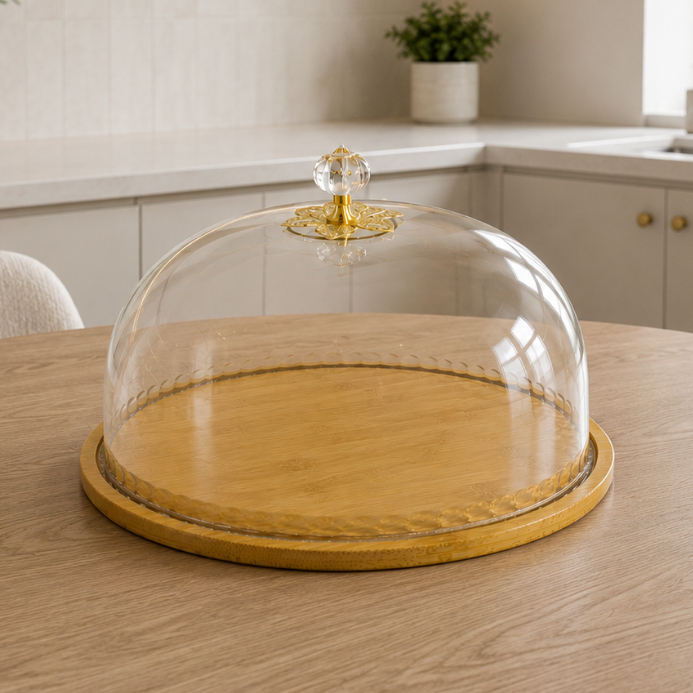 Boleira Porta Bolo com Tampa Acrílica Base em Bambu Puxador Cristal Dourado porta doces tortas bolos mesa posta