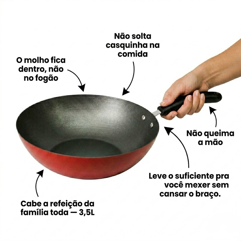 Imagem Panela Wok Chinesa Antiaderente Aço Carbono 3,5L | Não Gruda | Saltear-Cozinhar