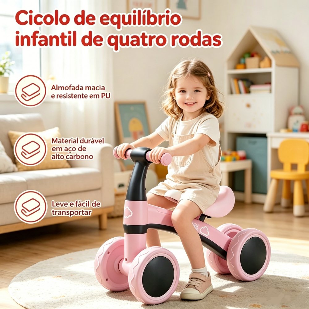 Bicicleta De Equilíbrio Andador Infantil Sem Pedal 4 Rodas
