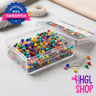 Kit Estojo de 100 Alfinetes Cabeça de Vidro Coloridos para Costura Artesanato