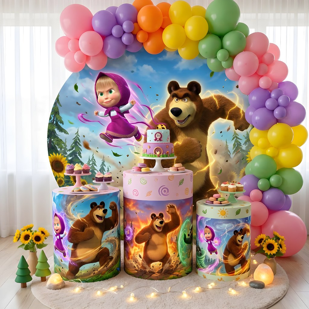 Painel Redondo Masha e o Urso + 3 Cilindros Decorativos Festa (COD: 3026)