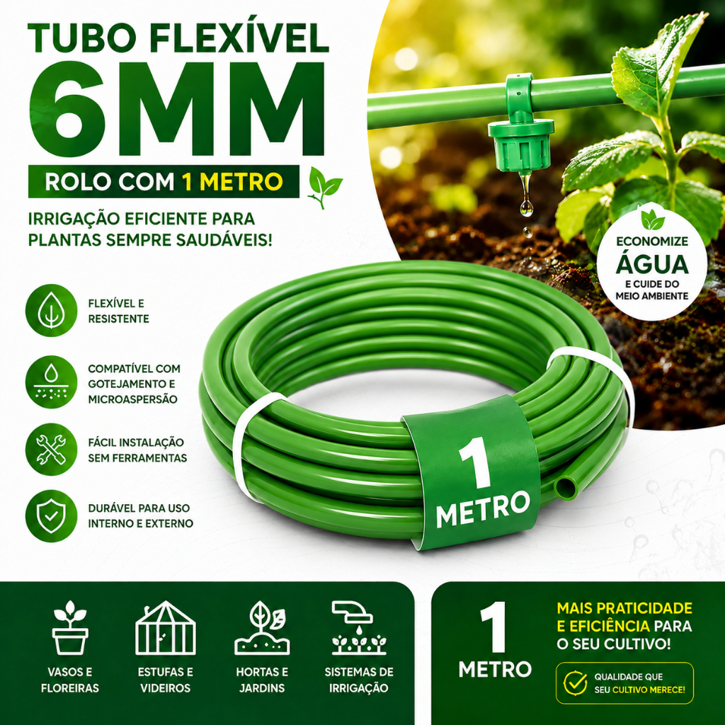 Tubo Flexível Verde 6mm para Irrigação – 1 Metro | Mangueira para Gotejamento e Irrigação Automática