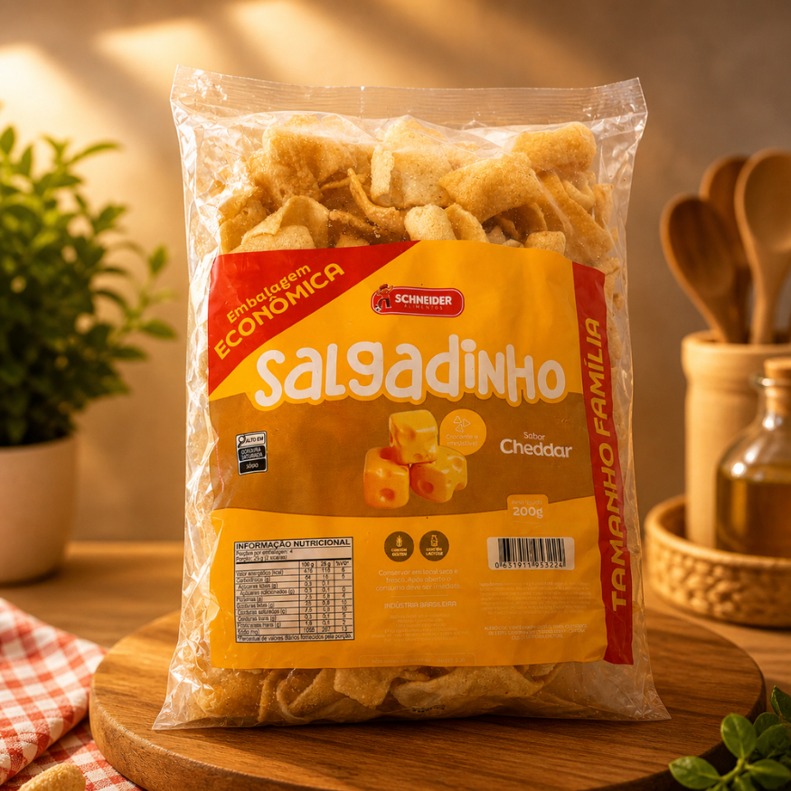 Salgadinho Pellet Sabor Cheddar Embalagem Econômica 1KG Schneider Pacote Grande 250g Cada