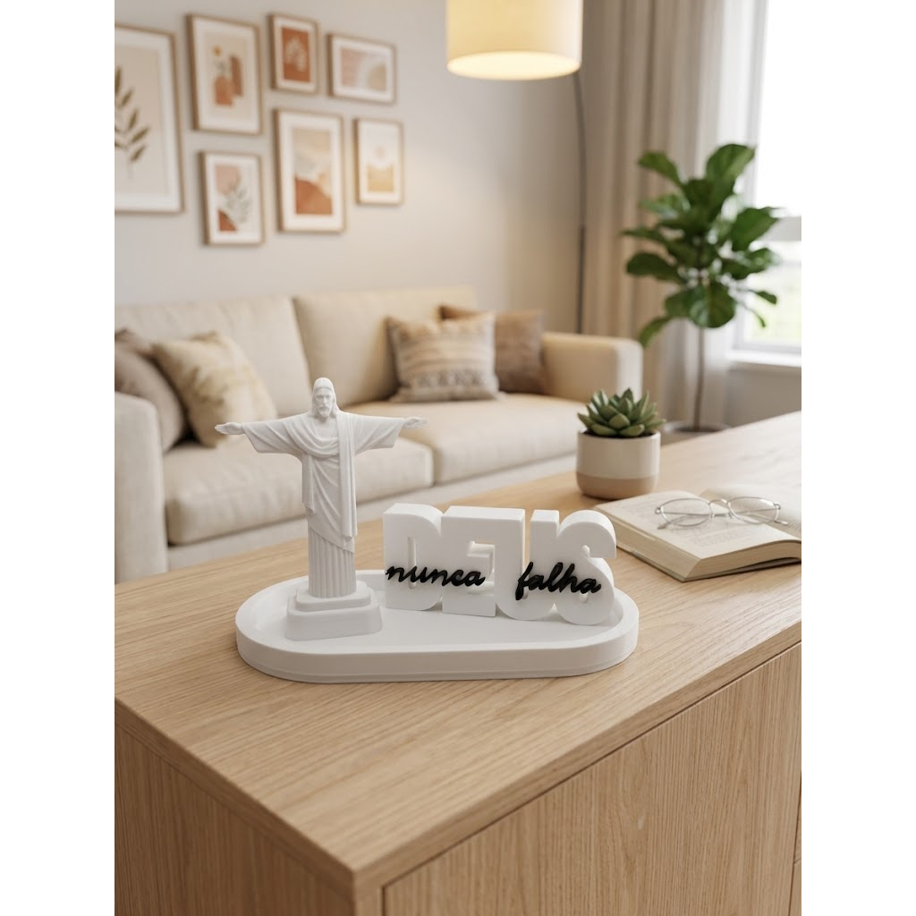 ​Kit Decoração Cristã Cristo Redentor + Letreiro Deus Nunca Falha Em Bandeja Estátua Religiosa Impressão 3D