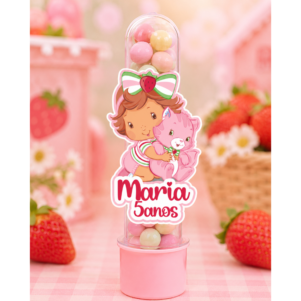 Kit 30  Apliques para Tubete Personalizado Moranguinho Baby 13cm Lembrancinha Festa Infantil Nome e Idade Personalizados