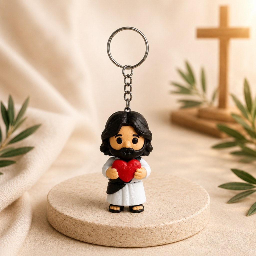 Chaveiro Jesus com Coração Vermelho 3D – Lembrancinha Religiosa Fofa Presente Criativo Católico