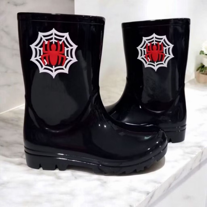 Galocha Bota de Chuva Cano Alto 17cm Menino Aranha Leve Confortável Antiderrapante Impermeável Infantil