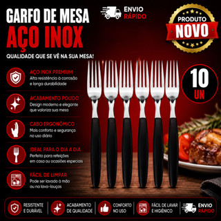 10 Un de Garfos de Mesa Preto19cm Aço Inox com Cabo Plástico Excelente Garfo Inox