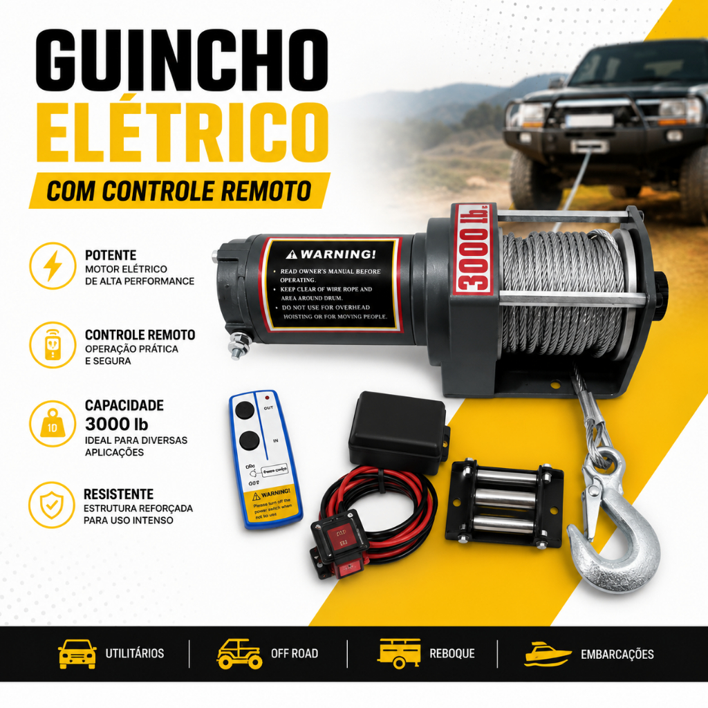 Guincho Elétrico 12V 3000LBS para Jipe, Quadriciclo e Gaiola - Com Controle Remoto
