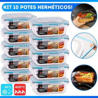 Conjunto com 5 ou 10 Marmitas De Vidro De 1040 Ml Com Tampa Hermética Retangular