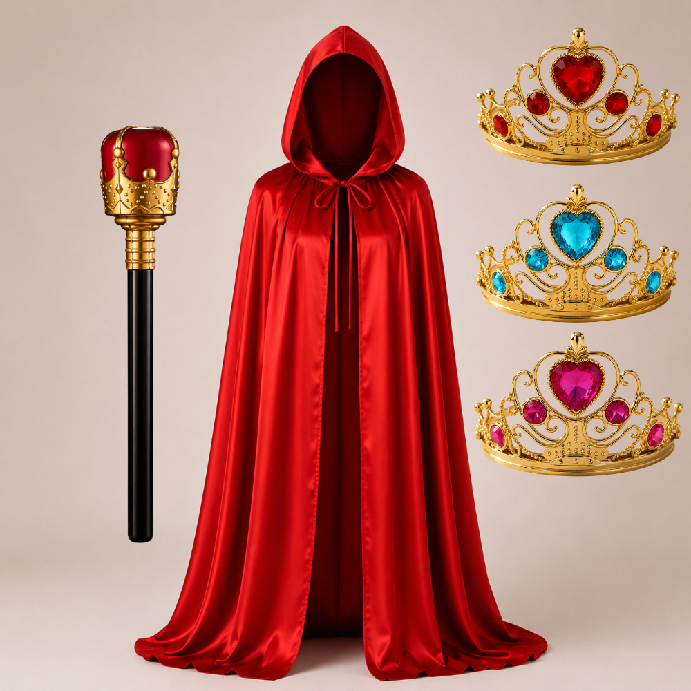 Fantasia Rainha Coroa + Capa Vermelha + Cetro ou Luvas Halloween Carnaval Festa Aniversário