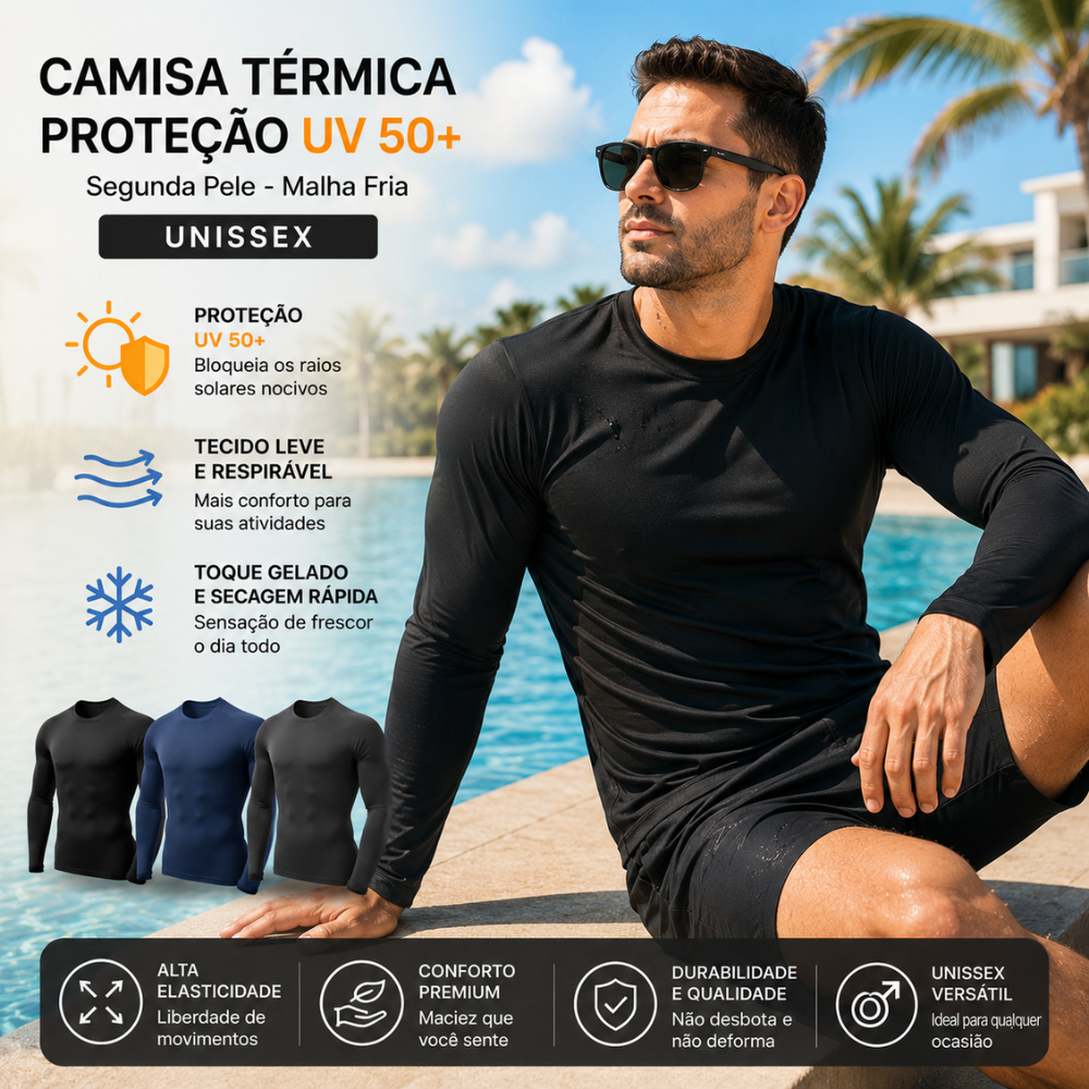 Camisa Térmica Proteção Uv 50+ Segunda Pele Camiseta Blusa Malha Fria Unissex Academia Esportes  Manga Longa