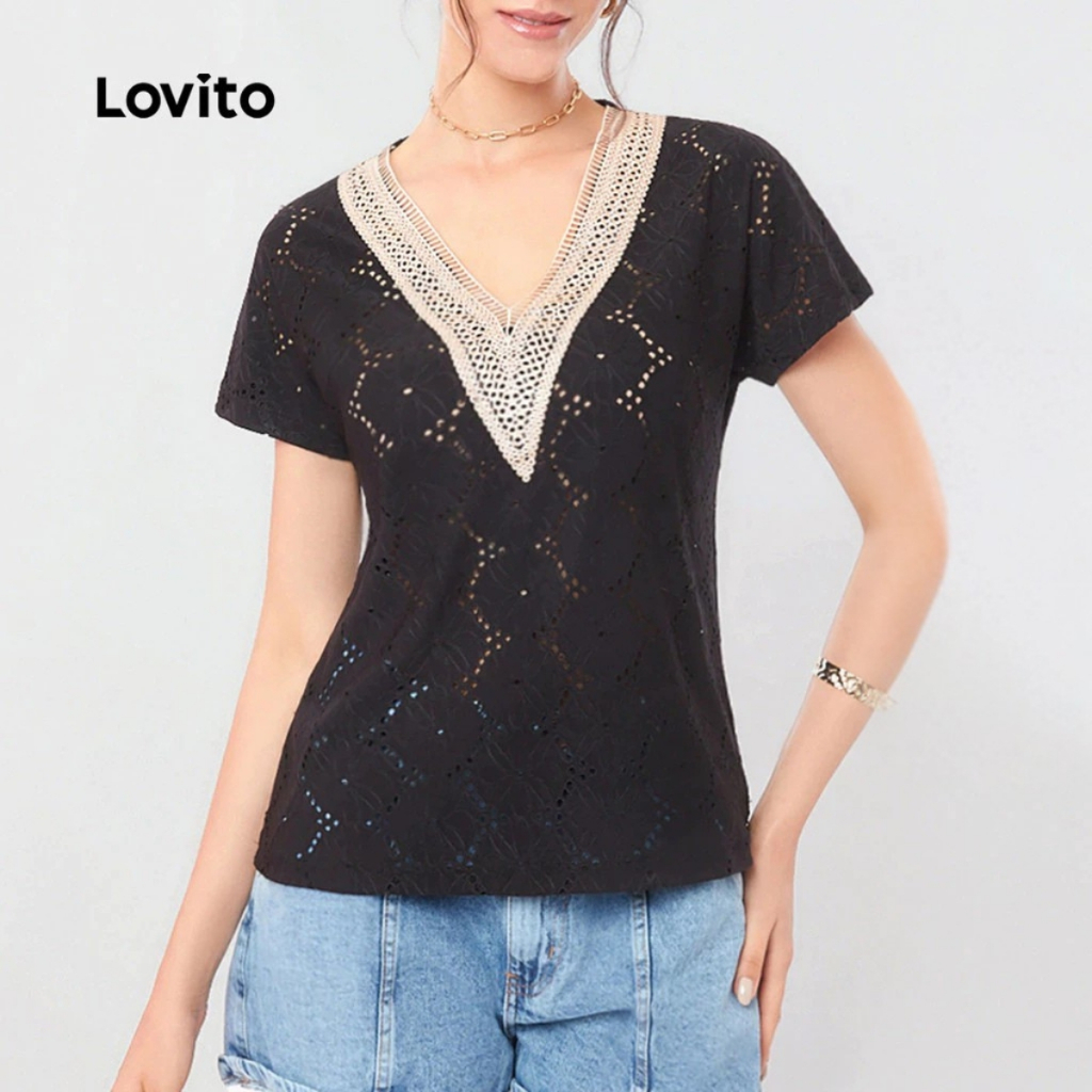 Lovito Camiseta Feminina Manga Curta Decote V Laise BRTSB89BRL118