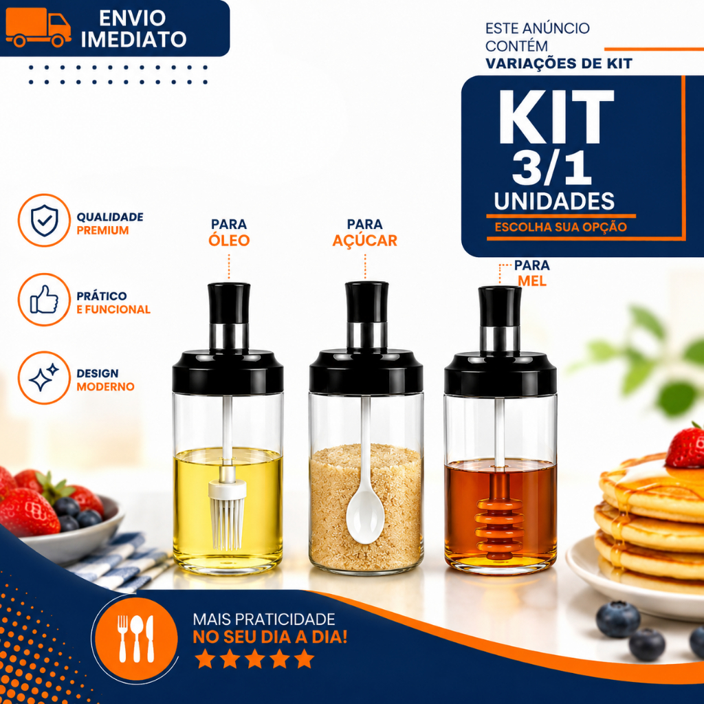 Kit 1/3 Porta Mel Açúcar e Óleo com Pincel Silicone Colher Dosadora Dispenser Organizador Cozinha