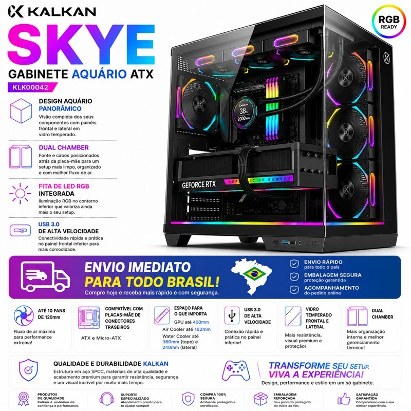 Gabinete Gamer Kalkan Skye RGB Preto Aquário ATX USB 3.0 | Vidro Temperado | Dual Chamber | Suporte Water Cooler 360mm