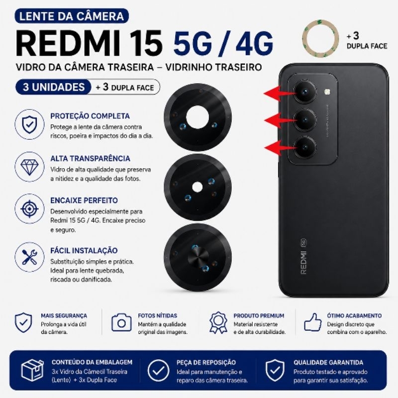 Lente Da Câmera Redmi 15 5G / 4G Vidro Traseiro Camera Reposição Premium Kit 3 Unidades