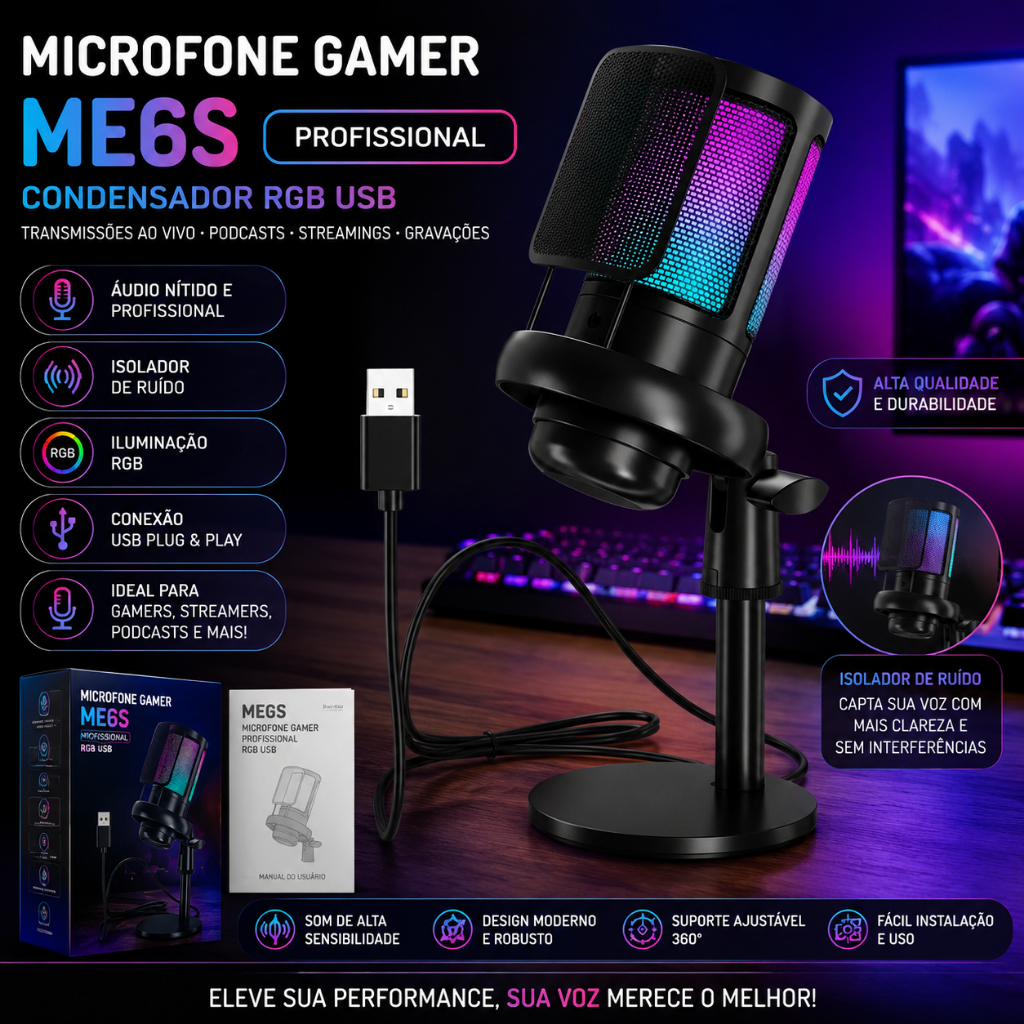 Microfone Gamer Mesa Condensador Me6s Profissional Rgb Usb transmissões ao vivo podcasts