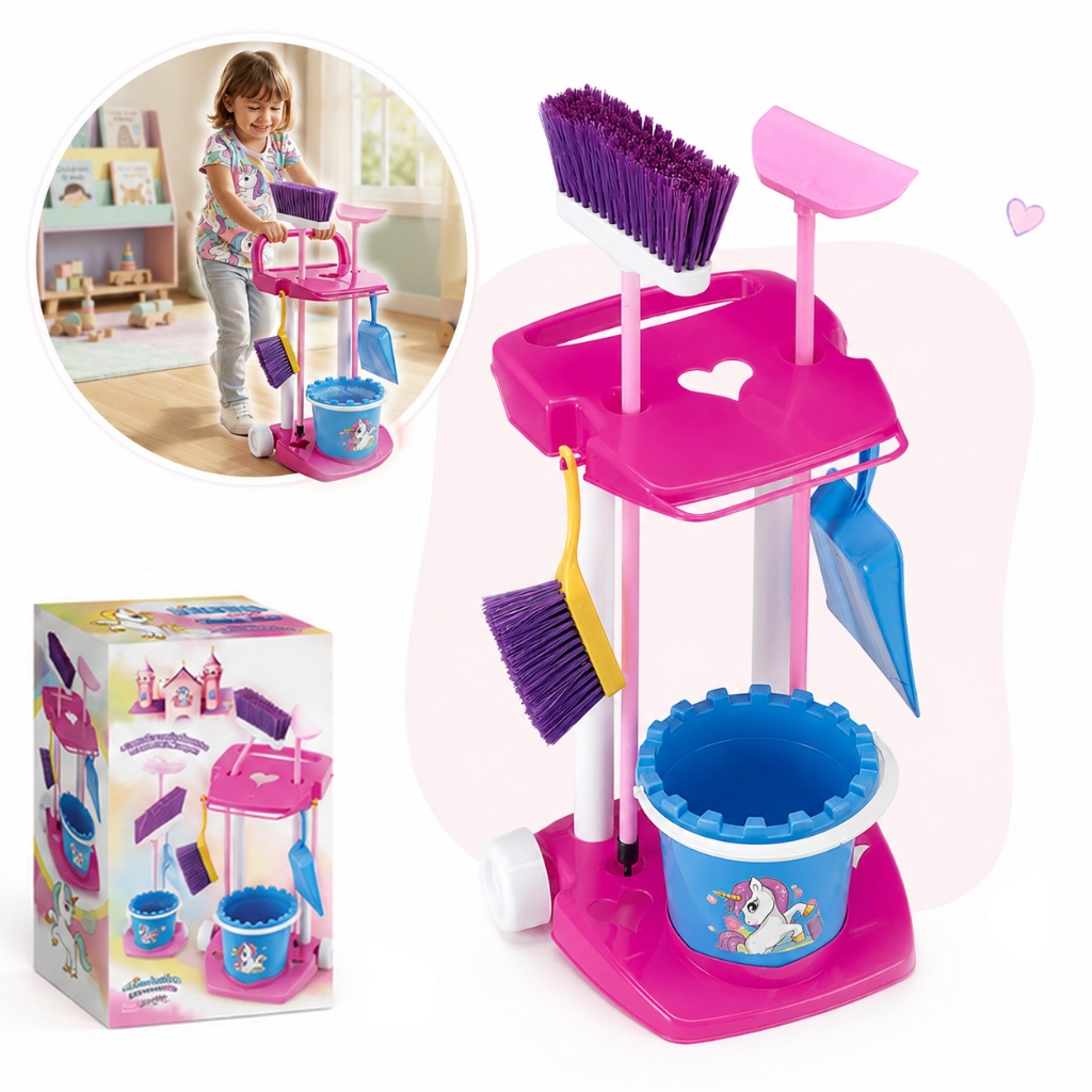 Kit Limpeza Infantil Unicórnio Completo Com Carrinho Vassoura Rodo  Educativo Com 11 Peças Kizumba