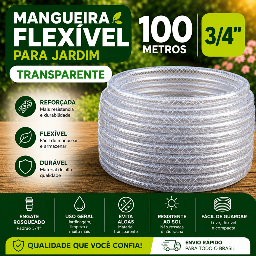 Mangueira 100 Metros para jardim trançada Reforçada 3/4 Flexível Anti Dobra Irrigação Quintal